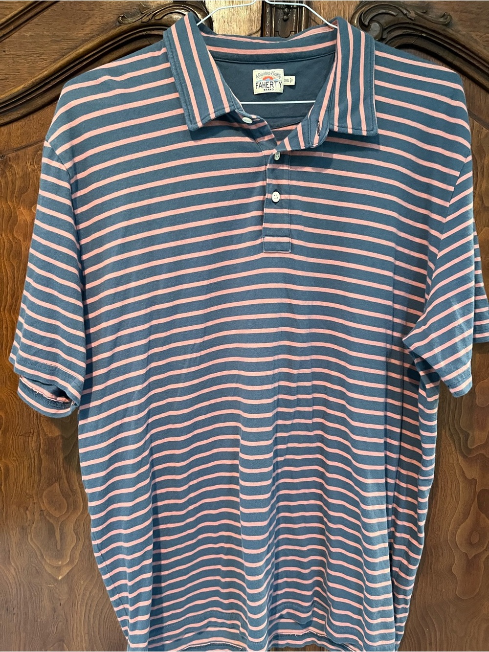 Faherty Navy and Pink Striped Short-Sleeve Polo